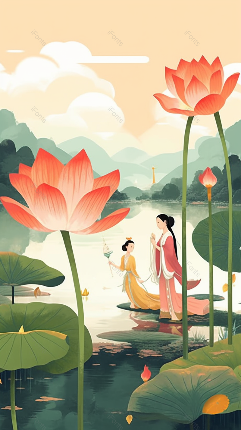 夏天夏至节气荷花池中绿色的荷叶和盛开的荷花花苞两位古装女性女人站在荷花池中的荷叶上面手绘插画,插画/手绘图,插画/手绘图库,插画/手绘图下载,插画/手绘